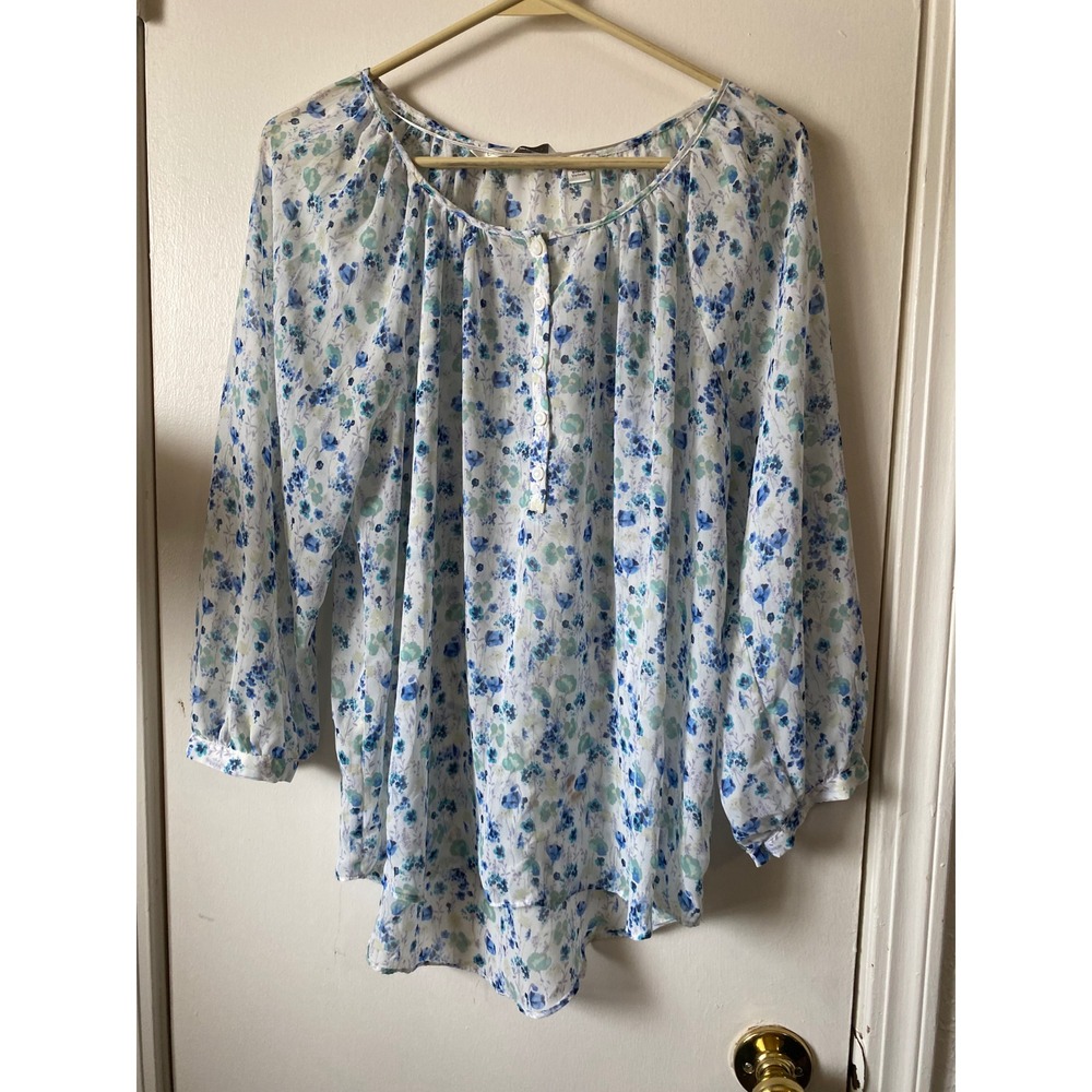 Lauren Conrad Floral Blouse Womens Large White Blue Green Sheer Button Up